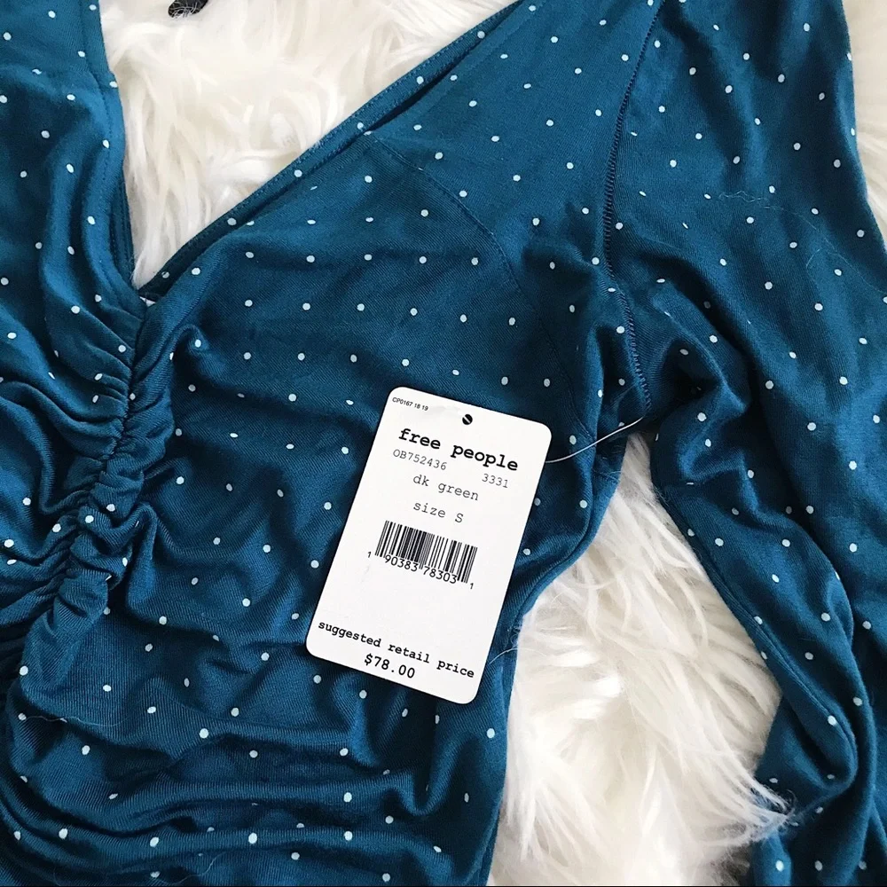Free People Teal Polka Dot Ruched Bell Sleeve Top